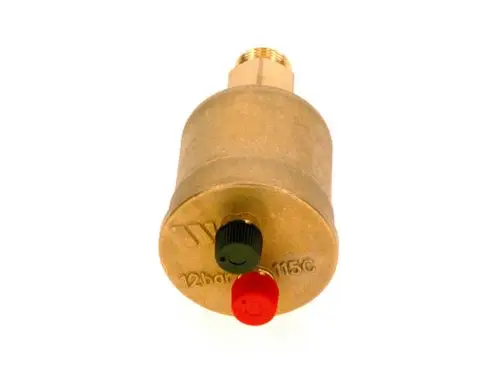 BOSCH Abluftventil in zylindrischer Form mit einem Metallgehäuse. Oben mit Gewindeanschluss, an der Vorderseite zwei farbige Bedienknöpfe in Rot und Schwarz.